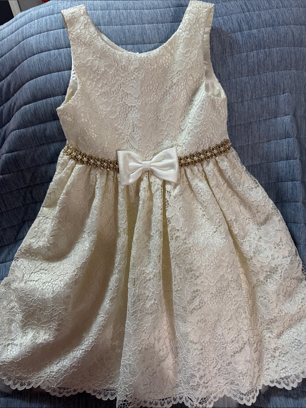 American Princess Ivory Lace Dress with Beaded Gold Waist and Satin Bow